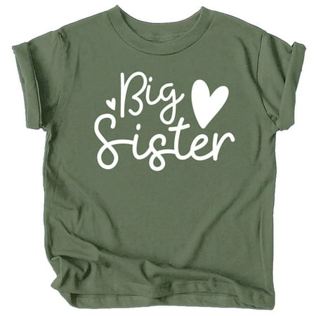

Olive Loves Apple Cursive Big Sister Hearts Sibling Reveal T-Shirt for Baby and Toddler Girls Sibling Outfits Military Green Shirt 12 Months