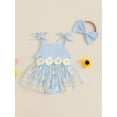 thumbnail image 4 of Newborn Baby Toddler Girl Romper Dresses Outfit, 3 6 9 12 18 Months Sleeveless Flower Print Tulle Patchwork Romper Dress with Bowknot Hairband Summer Clothes, 4 of 9