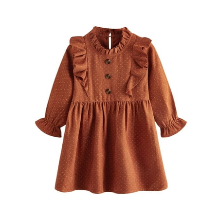 

Frobukio Autumn Kids Baby Girls Long Sleeve Dress Dot Print Ruffle A-line Princess Dress Clothes Brown 4-5 Years