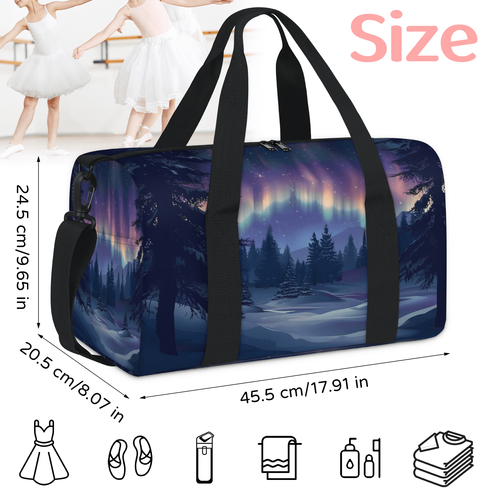 Herdesigns Northern Lights Gym Bag for Women, Duffle Bag for Travel Sport, Lightweight Waterproof Carry on Weekender Overnight Dance Yoga Workout Bags