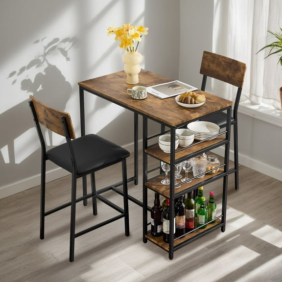 Ktaxon 3 Pieces Dining Table Set for 2, Counter Height Bar Table Set with Storage Shelves and Padded Chairs for Dining Room, Kitchen, Rustic Brown