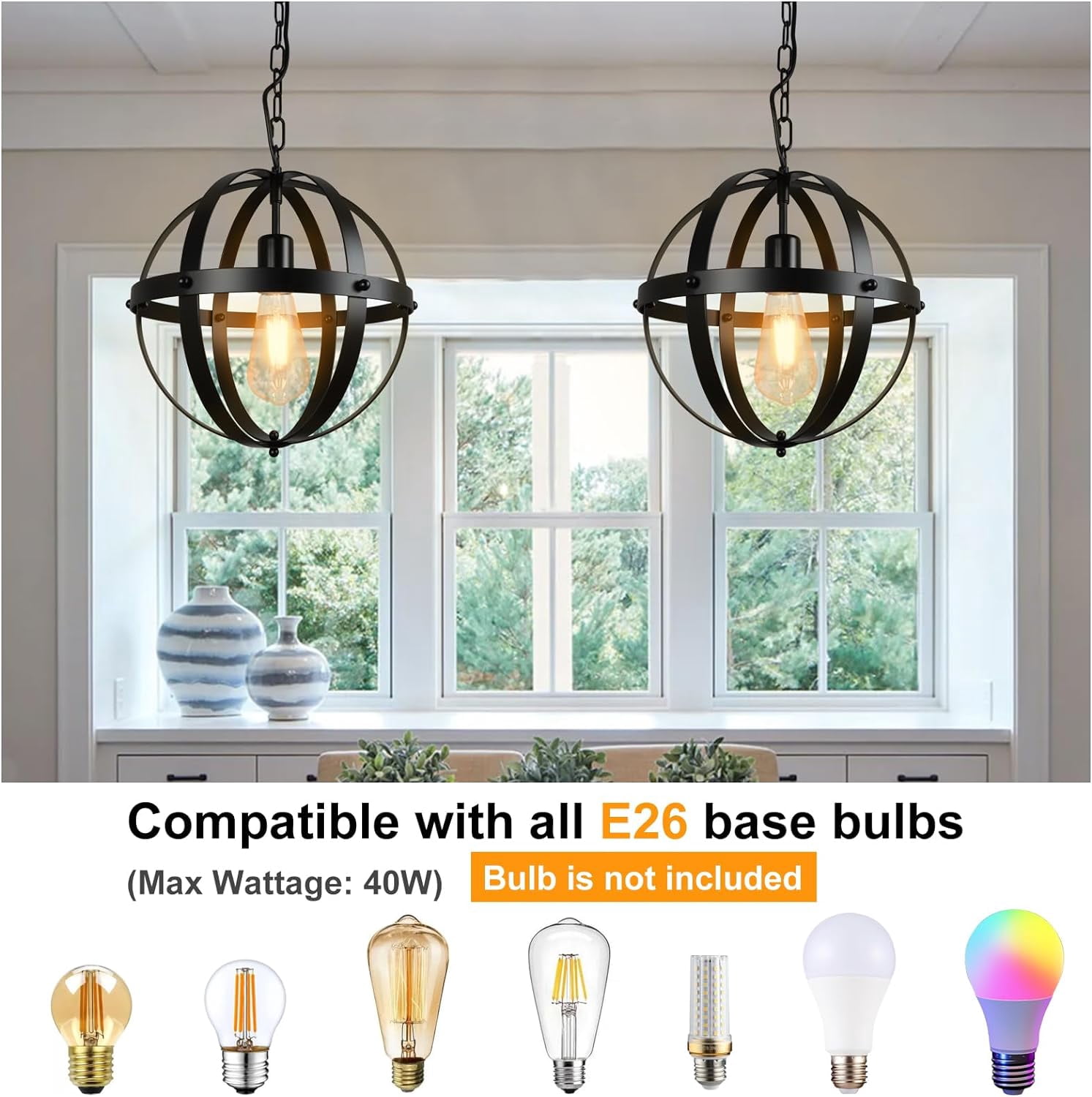 DingLiLighting Vintage Globe Pendant Hanging Light, Flush Mount Ceiling Chandelier Lamp with Metal Spherical Shade for Living Room Dining Kitchen Island Hallway Bedroom,E26 Base Matte Black