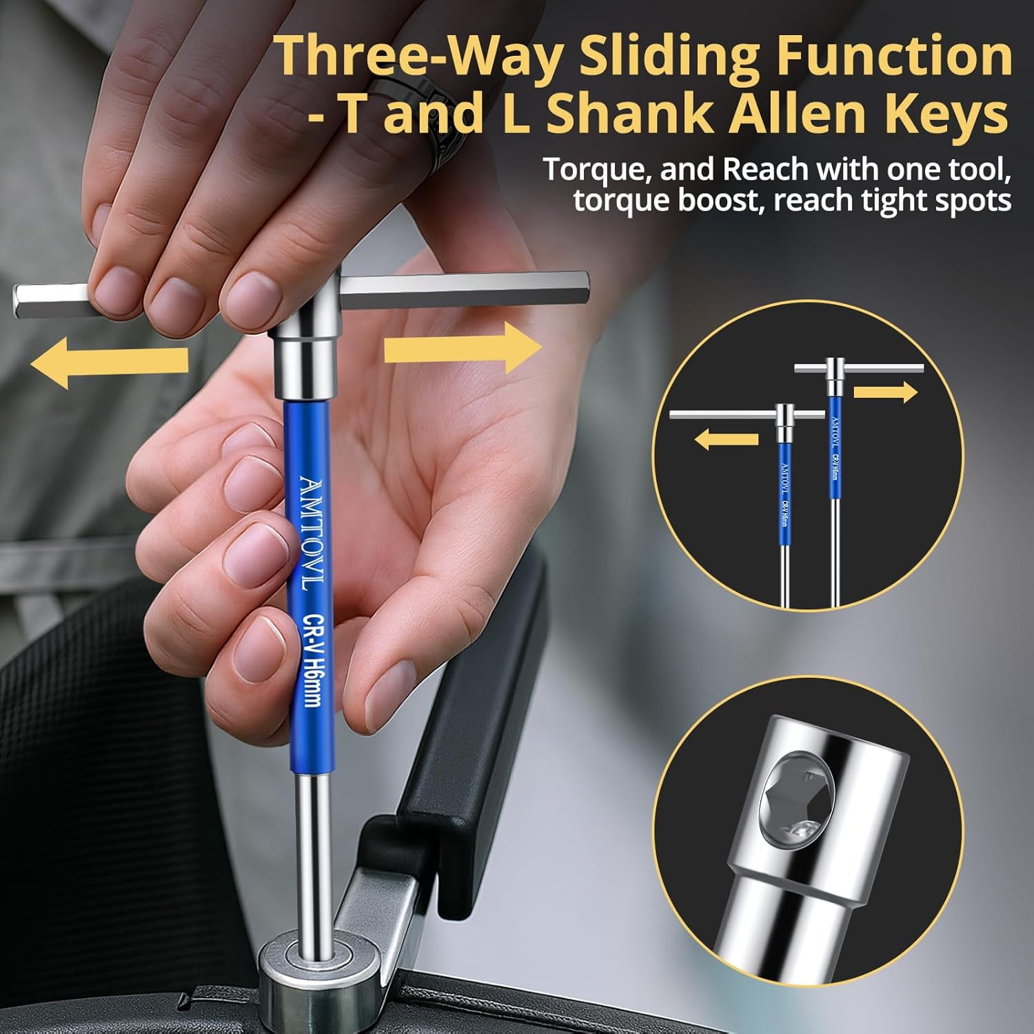 AMTOVL 10-Piece Metric T-Handle Hex Allen Wrench Set: 2mm-10mm CR-V Steel, Sliding 3-Way Design, Aluminum Sleeves & Wall-Mount Rack