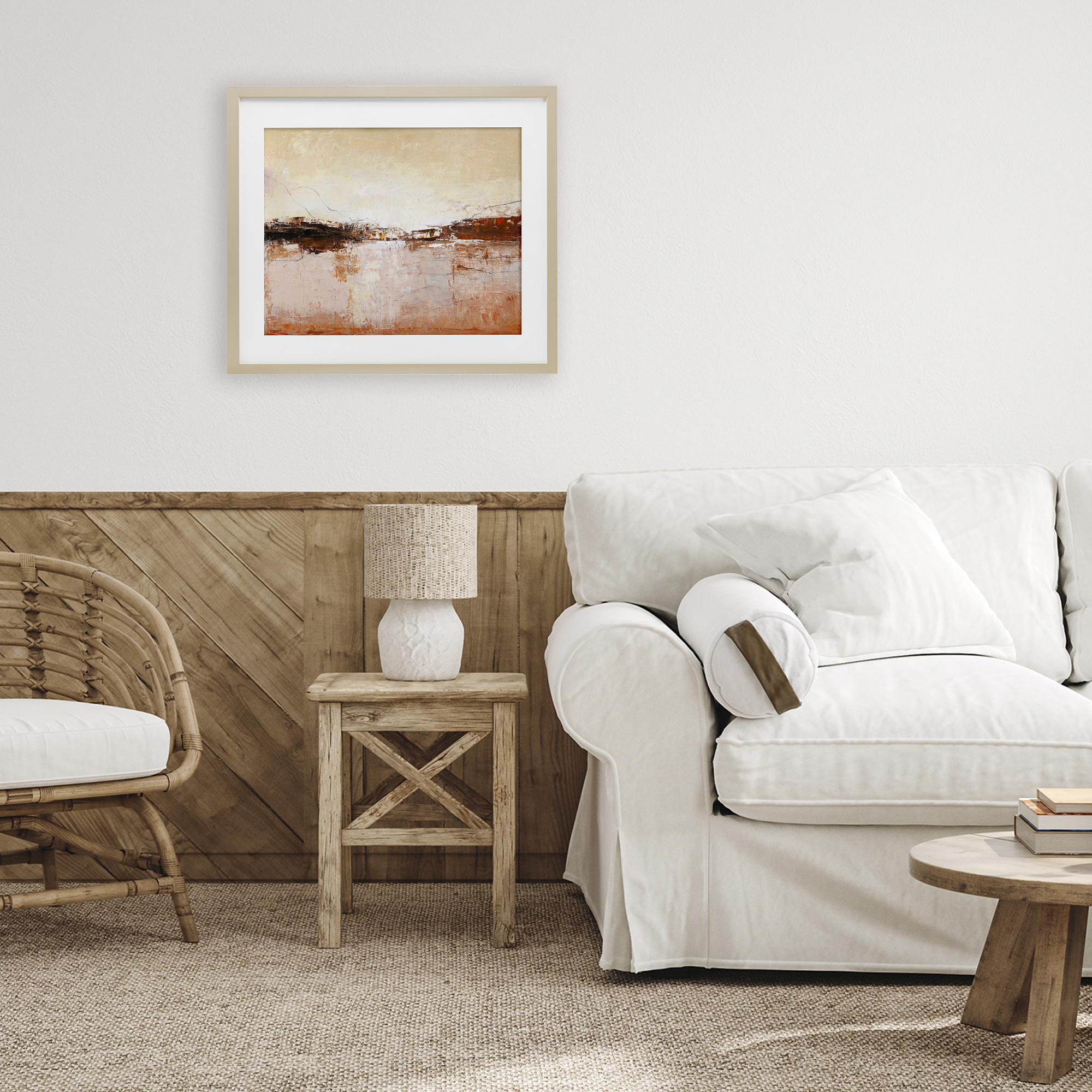 Warm Distressed Horizon Birch Framed Print Under Glass, design by Design Fabrikken