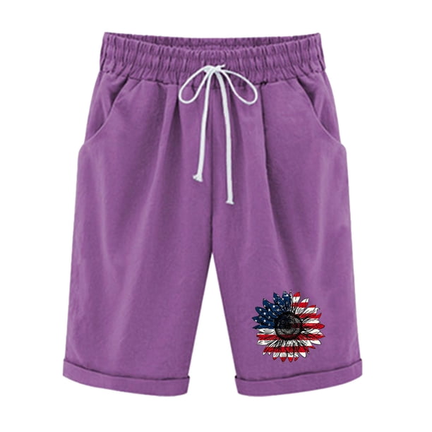 Pantalones Cortos Casuales para Mujer Día de la Independencia Impreso Elástico de la Cintura, Pantalones Cortos de Verano para Mujeres