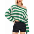 thumbnail image 3 of Women'S Long Sleeve Striped Oversized One Shoulder Loose Fit Casual Baggy Short Pullover Sweater Green L, 3 of 8