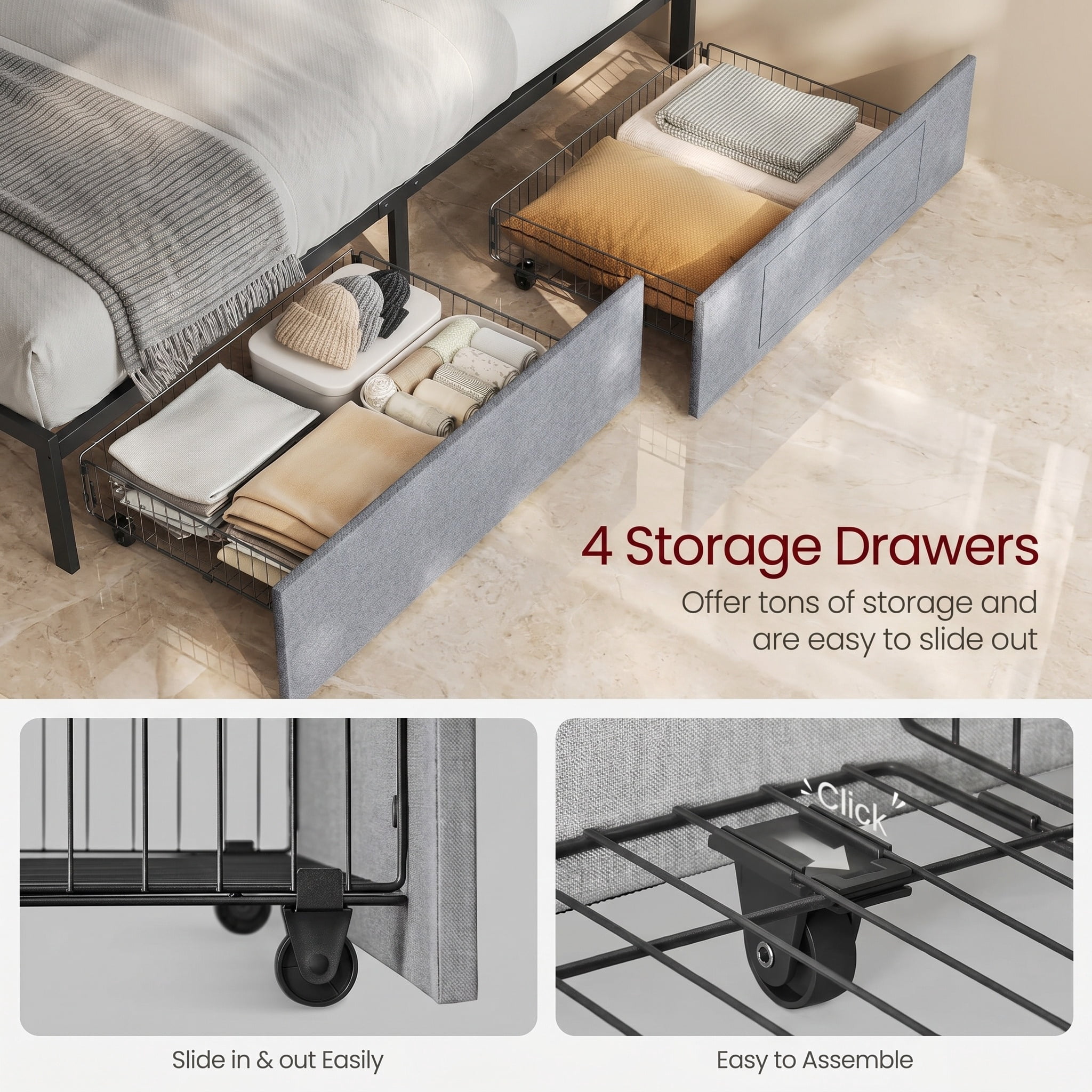 Full Size Light Gray Upholstered Platform Bed Frame with LED Headboard, 4 Drawers, and Built-In Charging Station