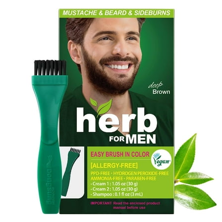 Herb For Men, PPD & Ammonia Free Mustache & Beard Dye, Vegan Natural Ingredients, Odorless, No More Skin Irritations from Coloring for Sensitive Skin – Deep Brown