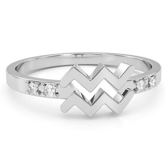 Aquarius Zodiac Sign Diamond Ring In Solid 14k White Gold
