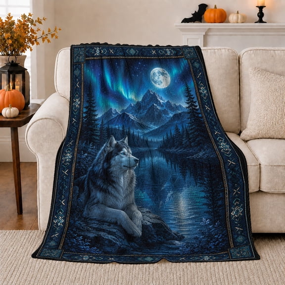 Wolf beneath Aurora and Mountain Moon, Mystical Wildlife Style for Wolf Lovers, Northern Forest Scene and Birthday Gift, Cozy Flannel Blanket for Cabin and Bedroom, Home Decor