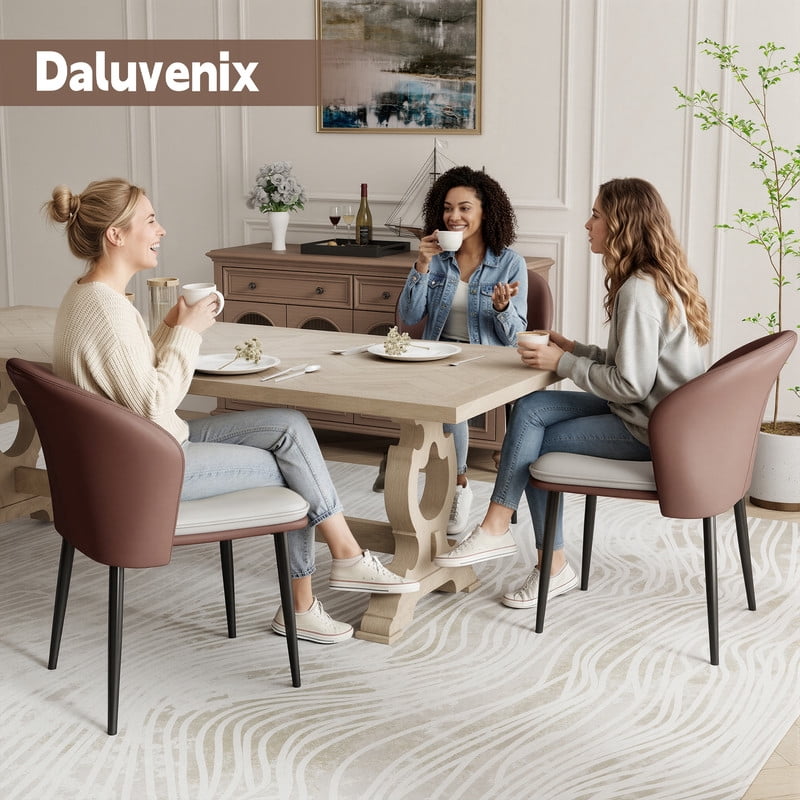 Hawsaiy Faux Leather Dining Chairs Set of 4, Modern Curved Back Upholstered Kitchen Side Chairs with Metal Legs, Brown