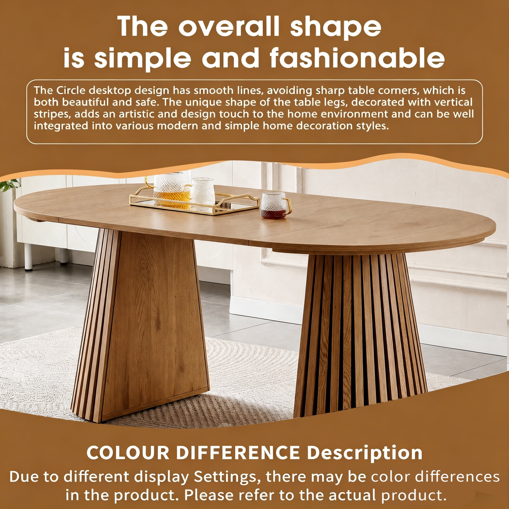 Dining Table 70.87 Inch, Extendable Kitchen Table with Oval Top and Slatted Wood Legs, Multi-Functional MDF Table for Dining Room and Office, Natural Wood