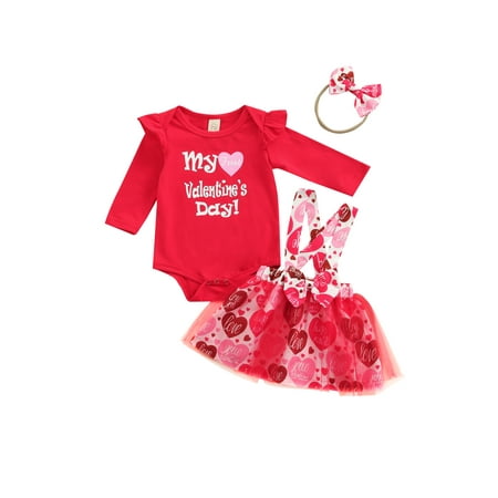 

hirigin Baby Valentines Day Outfits Romper + Suspenders Skirt + Head Rope