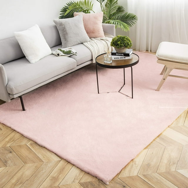 Alfombra decorativa Ashler de piel sintética de conejo rosa 183x274 cm