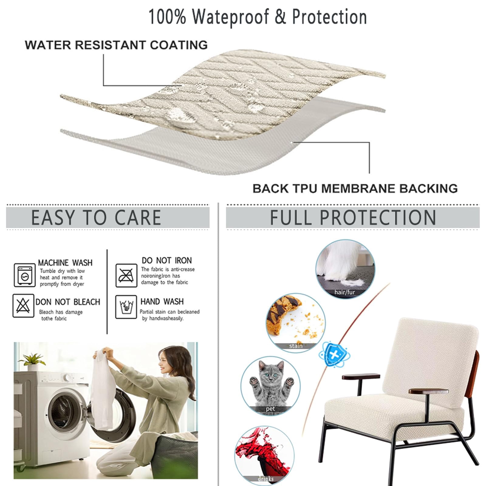 Outdoor Waterproof Couch Cushion Covers, Stretch Individual Patio Chair Cushion Outdoor Seat Cushion Pad