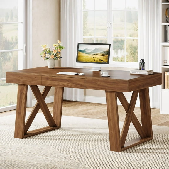 Tribesigns 55" Executive Desk with Drawer, Retro Brown Computer Office Desk with Wide Desktop , Modern Business Workstation Table for Home Office