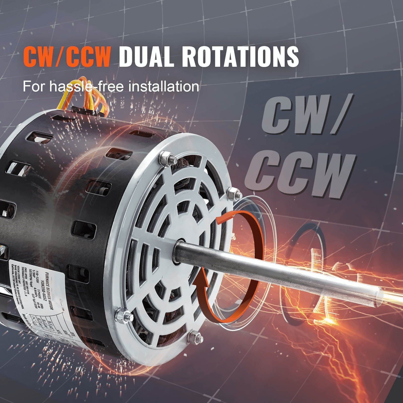 1/3 HP Furnace Blower Motor 110-120V 1075RPM 4 Speed HVAC Replacement Motor, 48 Frame 5.2" Shaft, w/ Capacitor & Hold Hoop