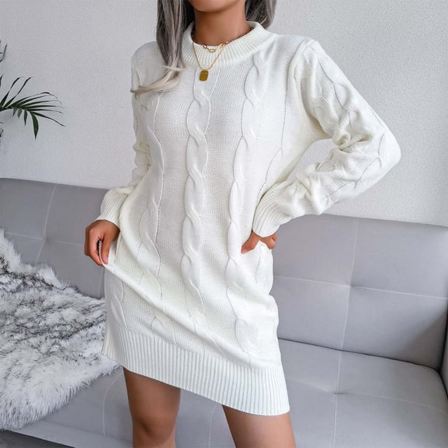FcBaudy Longues Robe à Manches à Col Rond Femme Mode Décontractée Ample à Rayures à Empiècements Robe Chandail en Tricot Femme Robe