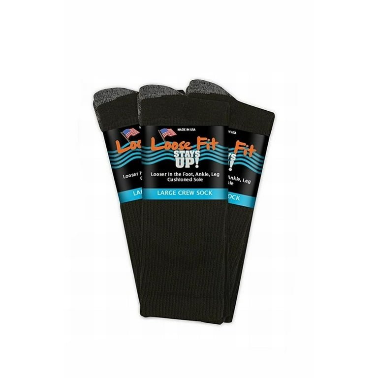 Extra Wide Loose Fit Stays Up Cotton Casual Crew Socks - Black L