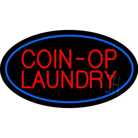 Coin-Op Laundry Oval Blue LED Neon Sign 13 x 24 - inches, Black Square Cut Acrylic Backing, with Dimmer - Bright and Premium built indoor LED Neon Sign for Storefront.