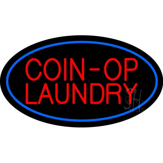 Coin-Op Laundry Oval Blue LED Neon Sign 17" Tall x 30" Wide - inches, Black Square Cut Acrylic Backing, with Dimmer - Bright and Premium built indoor LED Neon Sign for Storefront.