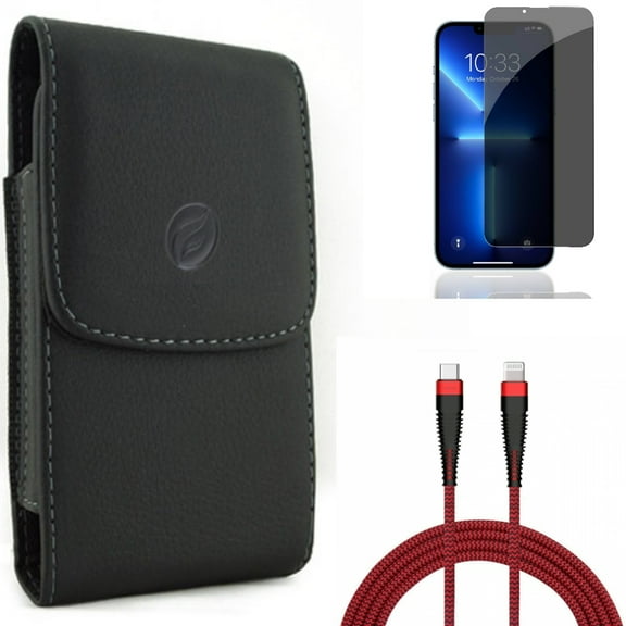 Privacy Screen Protector & Case Belt Clip & PD Cable for iPhone 13,Pro ONLY - Tempered Glass Curved Anti-Spy   Leather Holster Cover   6ft USB-C to iPhone Charger Combo