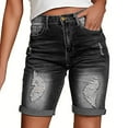 thumbnail image 2 of vigerkar Women High Waisted Stretch Bermuda Shorts Ripped Rolled Hem Jean Shorts Black, L, 2 of 8
