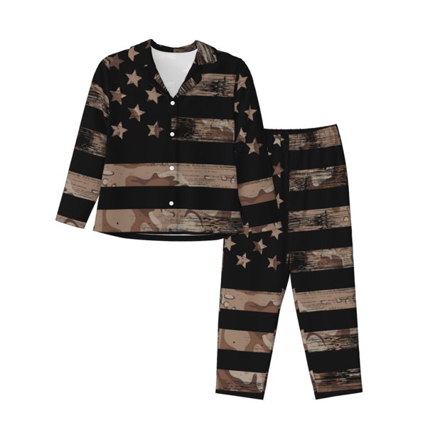 Fotbe American Flag with Desert Camouflage Conjunto de Pijama de Manga Larga para Mujer con Estampado, Ropa de Dormir de 2 Piezas, Conjunto de Casa Suave y Cómodo con Bolsillos-X-Large