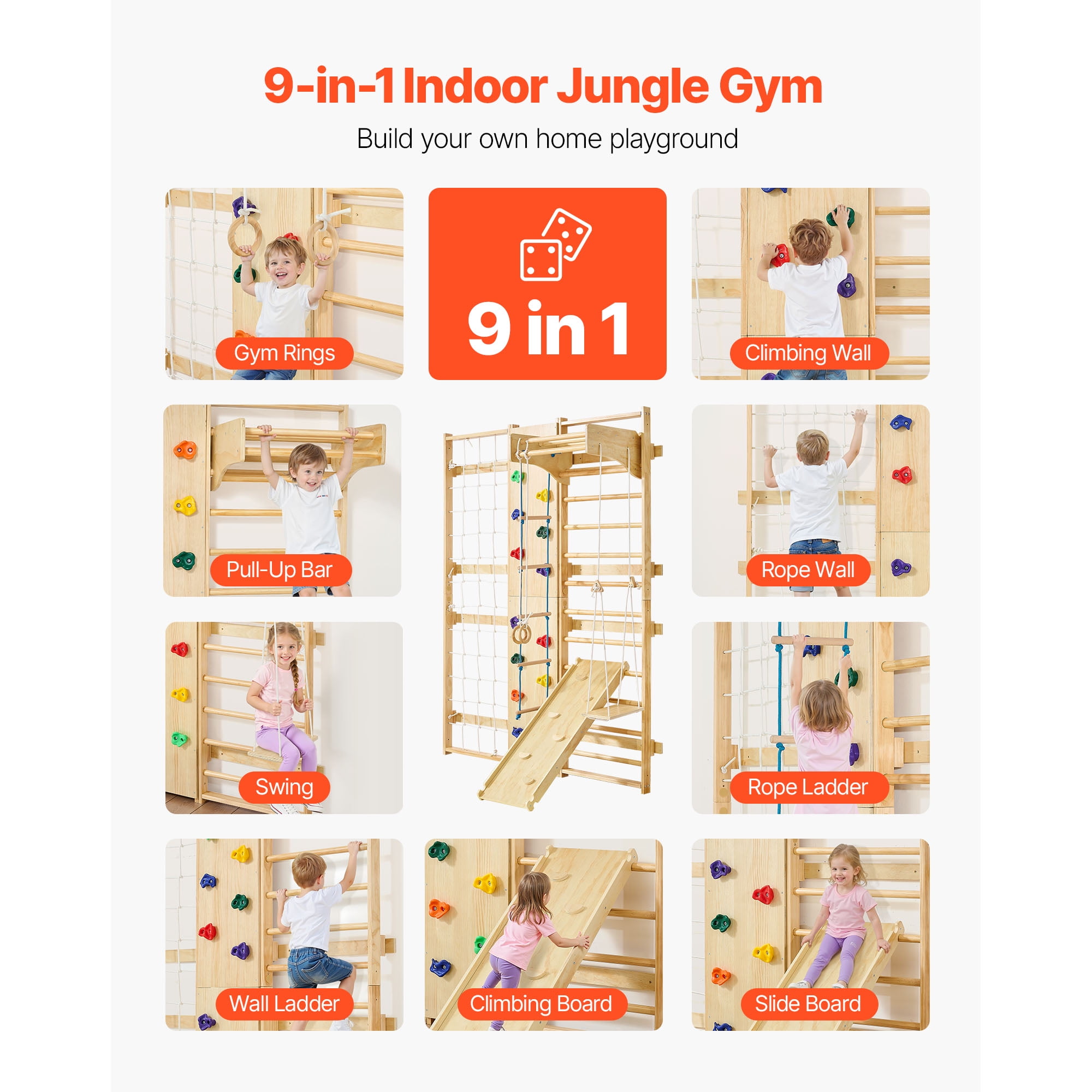 KFFKFF Swedish Ladder Wall Gym, 9-in-1 Adjustable Wooden Gymnastic Stall Bars for Kids and Adults, 220LBS Indoor Fitness Station with Climbing Wall, Rings, Pull-Up Bar, Slide, Swing, and More