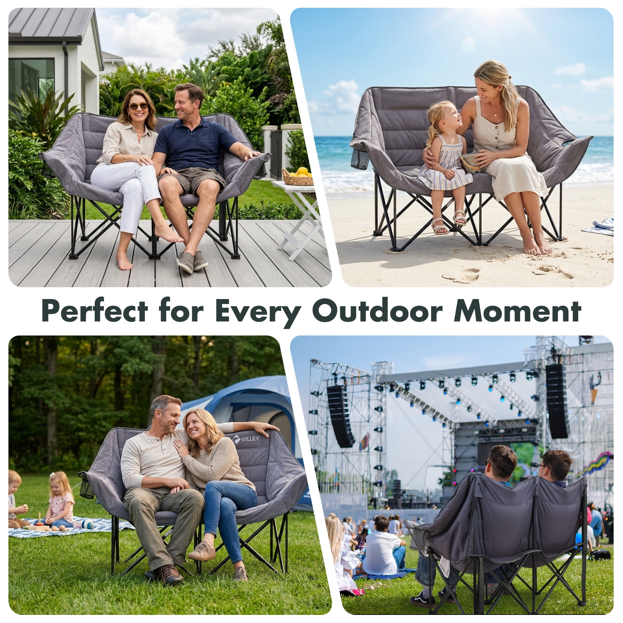 VILLEY Oversized Double Camping Chair, 800lbs Portable Folding Loveseat for Adults, Heavy Duty Suede Fabric, XL 2 Person Padded Chair with Cup Holders for Outdoor Camping, Lawn, Backyard