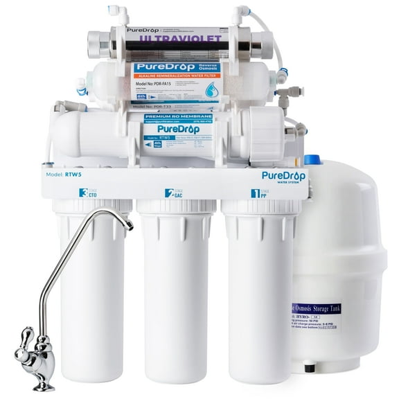 PureDrop RTW5AK-UV Reverse Osmosis RO Drinking Water Filtration System with Alkaline Remineralization & UV Filter, RO Water Filter System Under Sink, 7 Stage Under Sink RO Water Filter with Faucet