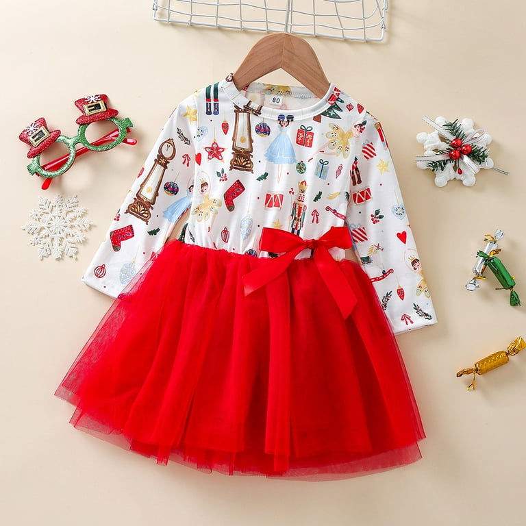 PMUYBHF Christmas Dresses for Girls Size 8 10 Toddler Baby Kids Girls Christmas Print Patchwork Tulle Princess Dress Clothes Baby Girl Dresses 18 24 Months Blue Walmart