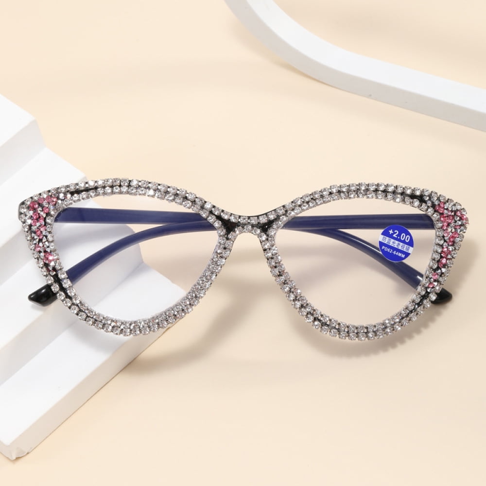 2 Pairs of Ladies Handmade Diamond Reading Glasses 1.50 Women Black Frame Elegant Anti-blue Light Cat Eye Readers +1.50 Strength