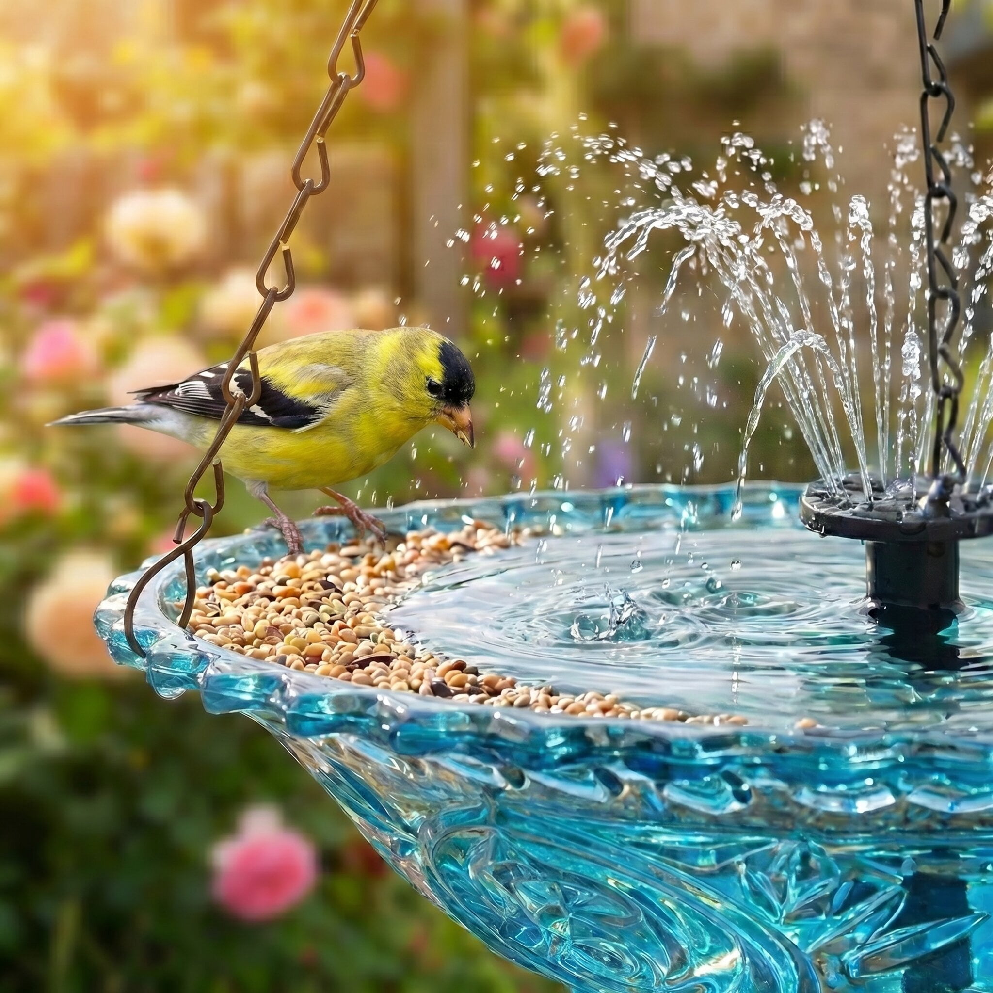 Fuebueo Solar Powered Hanging Bird Bath with Floating Fountain, Durable Birdbath for Outdoor Garden Decor, Hummingbird Bath with Solar Water Pump, Blue
