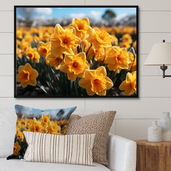 Designart "Daffodils landscape Yellow Vibrant I" Floral Floater Framed Wall Art Print