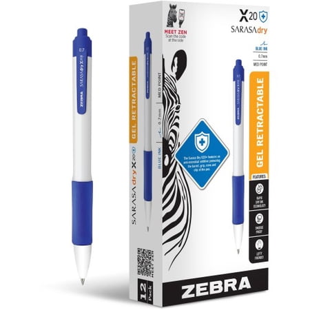 Zebra Pen SARASA dry X20+ Gel Retractable Pens, Medium Point, Blue Ink, Dozen (41620)