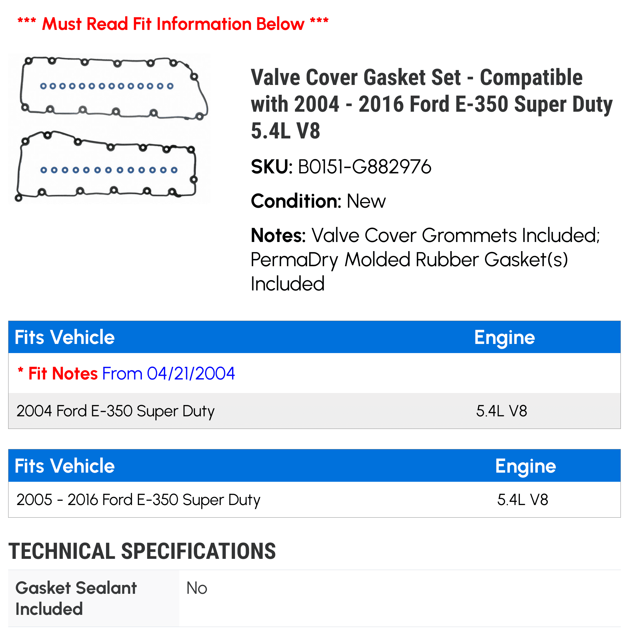 Valve Cover Gasket Set - Compatible with 2004 - 2016 Ford E-350 Super Duty 5.4L V8 2005 2006 2007 2008 2009 2010 2011 2012 2013 2014 2015