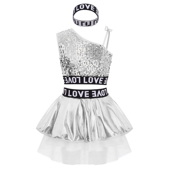 TTAO Kids Girls Disco Hip Hop Jazz Latin Street Dance Outfits Sequins Metallic Vest and Mesh Tutu Skirt Hairband Set Silver 9-10