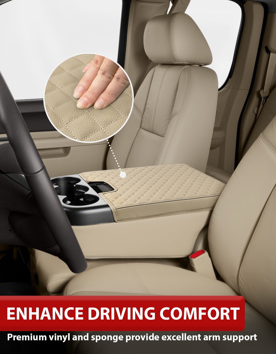 KBH Center Console Cover for 2007-2014 Silverado Tahoe Sierra Yukon Suburban with Jump Seat Console, Anti-Scratch Leather Arm Rest Cushion Pad Protector Interior Accessories, Beige