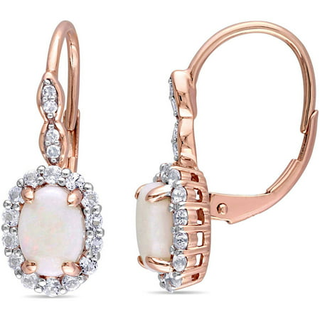1-3/4 Carat Oval-Cut Opal, White Topaz and Diamond-Accent 14kt Rose Gold Halo Earrings