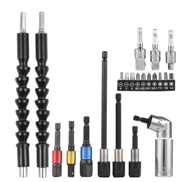 23pcs Socket Extension Bar Kit Universal Socket Tool Set Hex Shank 105°  Right Angle Adapter Drill Attachment and Die Flexible Drill Bits Soft Shaft