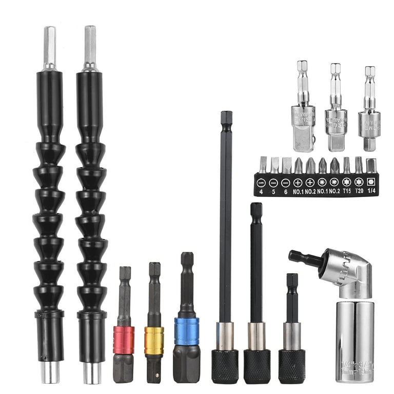 Walmeck 23pcs Socket Extension Bar Kit Universal Socket Tool Set Hex Shank 105 Right Angle Adapter Drill Attachment and Die Flexible Drill Bits Soft