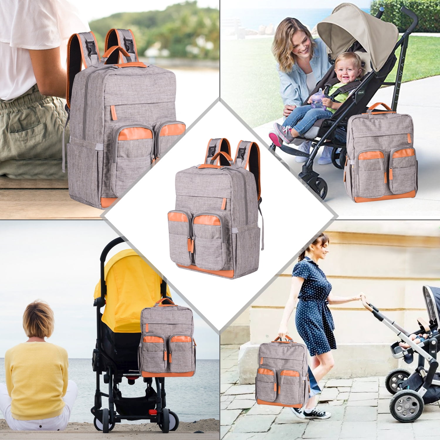 Multi-Functional Diaper Bag Backpack with Insulated Bottle Pockets, Large Capacity Baby Bag, Waterproof Travel Backpack for Moms & Dads with Stroller Straps & Multiple Compartments