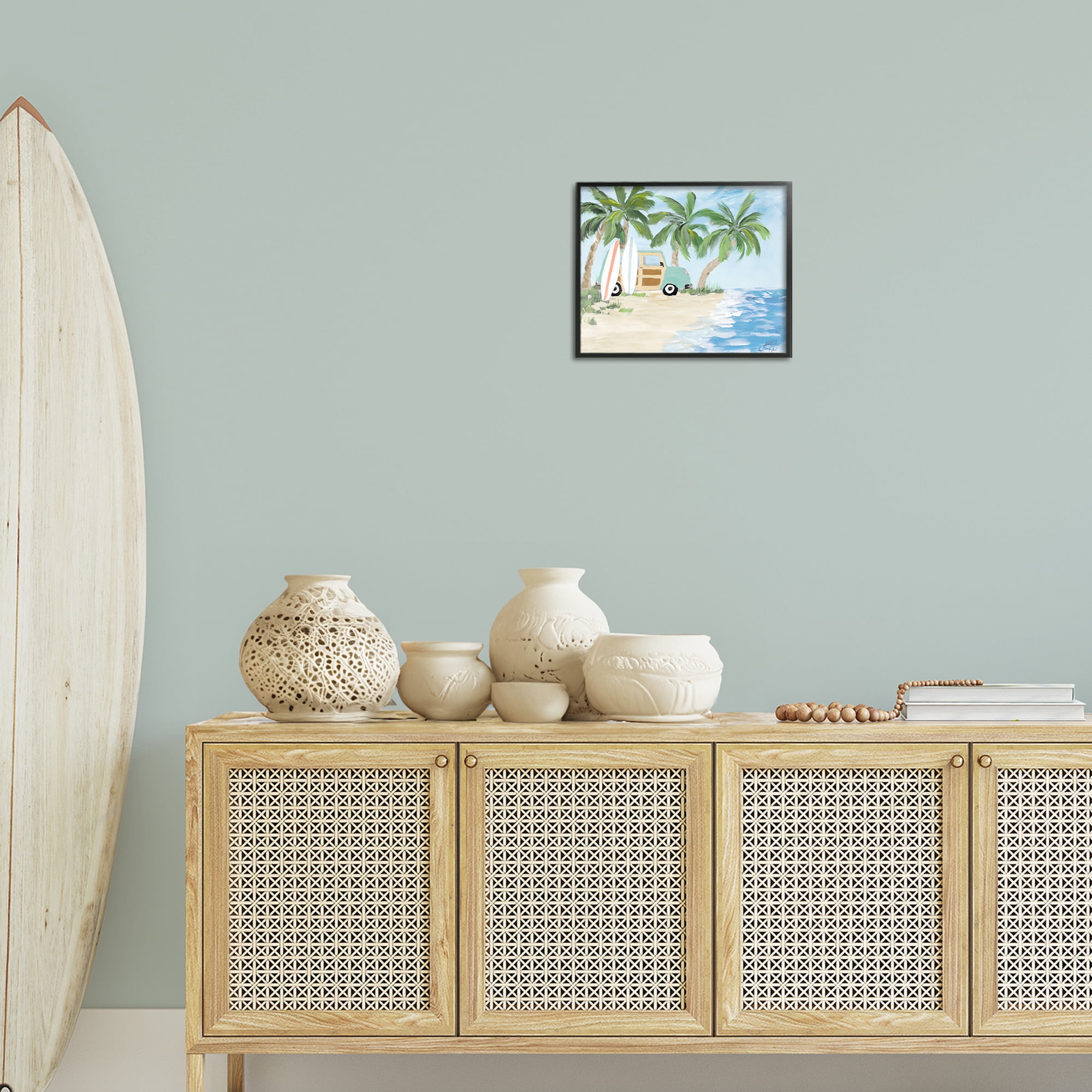 Stupell Industries Tropical Vacation Surfboards Landscape Painting Black Framed Art Print Wall Art, 14 x 11
