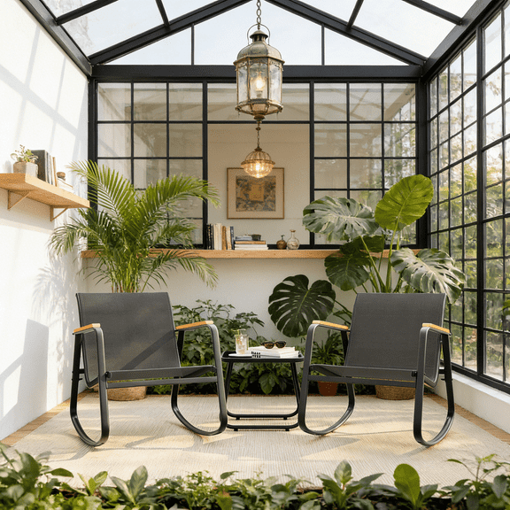 Asofer 3 Pieces Patio Furniture Set,Outdoor Bistro Set with 2 Outdoor Rocking Chairs and 1 Glass Coffee Table for Glass Garden House, Porch, Villa