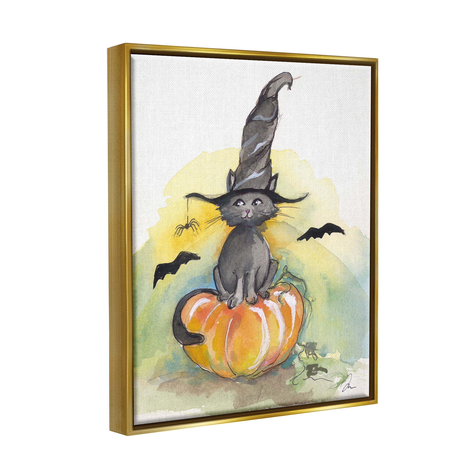 Stupell Industries Witch Cat on Pumpkin Holiday Painting Gold Floater Framed Art Print Wall Art, 17 x 21
