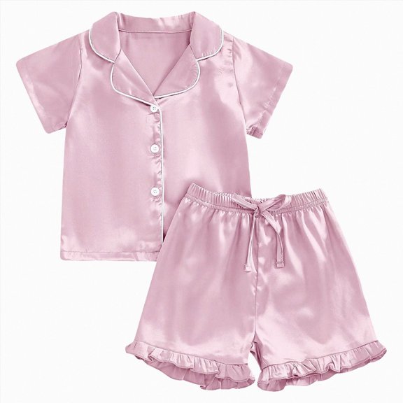 TOWED22 Girls Pajamas Silk Satin Pajama Set Button Pjs Ruffle Sleepwear 2 Piece Nightwear,6-7 Y