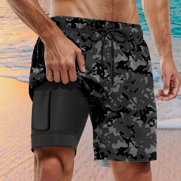 CONZONE Mens Swim Trunks With Stretch Liner Camouflage Board Shorts for Men Elastic Waist Drawstring Lightweight Quick Dry Summer Beach Swim Shorts With Pocket