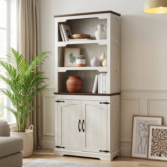 70" 5-Tier Farmhouse Bookcases with 2 Doors Cabinet for Living Room, Home Office Tall Floor Standing Bookshelf