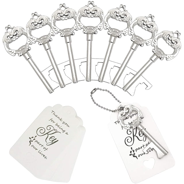 100 abridores de botellas con llave necesarios para bodas grandes, regalos de boda, abridores de botellas con llave de esqueleto vintage, abridores de botellas con tarjetas de acompañante y llaveros